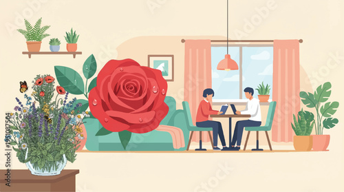 people sitting at a table with laptops in a cozy living room with plants and flowers