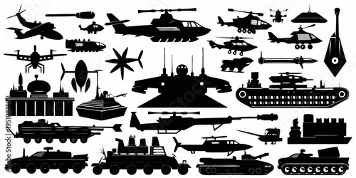 Set of Military Vehicle Silhouette Vector Illustrations Including Ships Boats and Tanks.