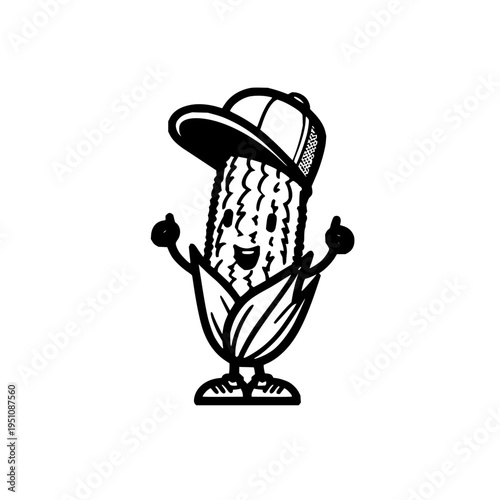 Smiling corn character wearing baseball cap thumbs up cartoon style black and white illustration friendly and approachable agricultural symbol food icon vector graphic