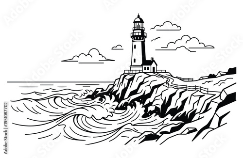 Coastal lighthouse on cliff overlooking stormy sea with waves and path