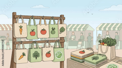 Reusable shopping bags with vegetable designs on display at an outdoor market stand with people and stalls in the background