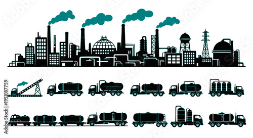 Industrial landscape vector silhouette set. Oil refinery factory, train and tanker trucks isolated on white background.