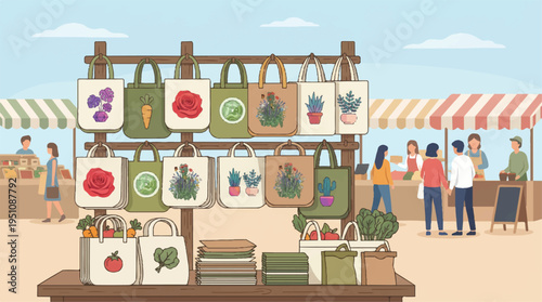 Reusable shopping bags on display at outdoor market with people buying fresh produce