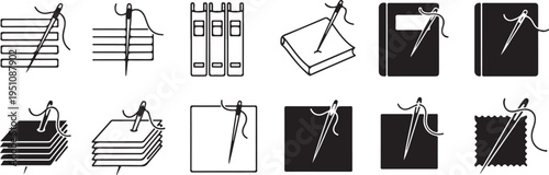 Sewing needle and thread icons with fabric samples and notebook pages for tailoring workshop and handmade craft hobby illustration