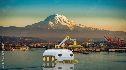 Robot arm overlooking a harbor with a snowcapped mountain in the background  industrial landscape