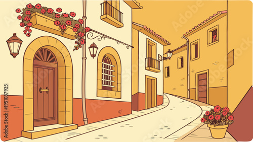 Sunny Spanish Village Street with Flower Pots Vector