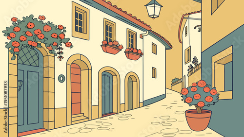 Sunny Spanish Village Street with Flower Pots Vector