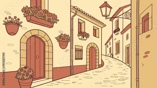 Sunny Spanish Village Street with Flower Pots Vector