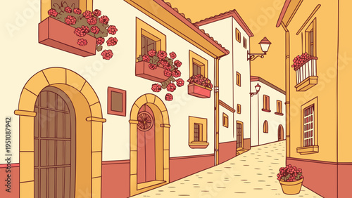 Sunny Spanish Village Street with Flower Pots Vector