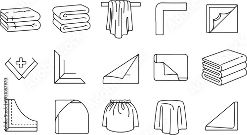 Set of black line icons of towels, stack, folded, rolled, hanging, textile, fabric, cloth, clean, hygiene, soft, cotton