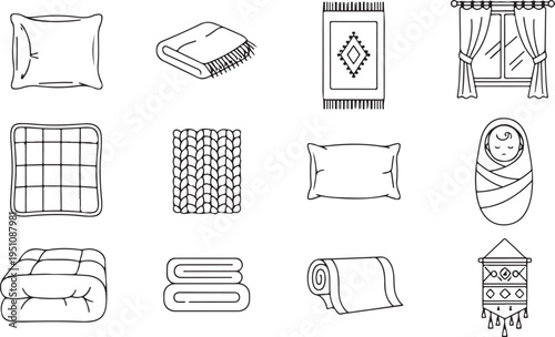 Home textile icons set featuring pillows blankets rugs curtains and cozy bedroom interior accessories in linear minimalist outline style