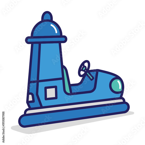 Blue cartoon bumper car with lighthouse design on white background