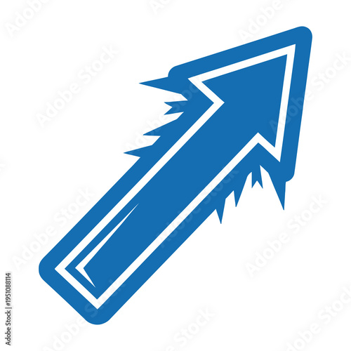 Blue arrow pointing upward with white outline and jagged edges on white background