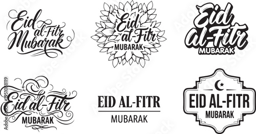 Eid al-Fitr Mubarak calligraphy, ornate lettering for Islamic festival greetings, Arabic text wishes and decorative elements