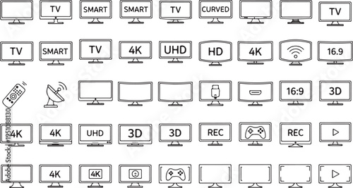 Collection of television and screen icons, various display types, resolution, smart TV, curved screen, remote control, gaming