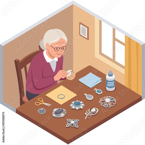 An elderly woman crafting jewelry at a table in her home workshop.