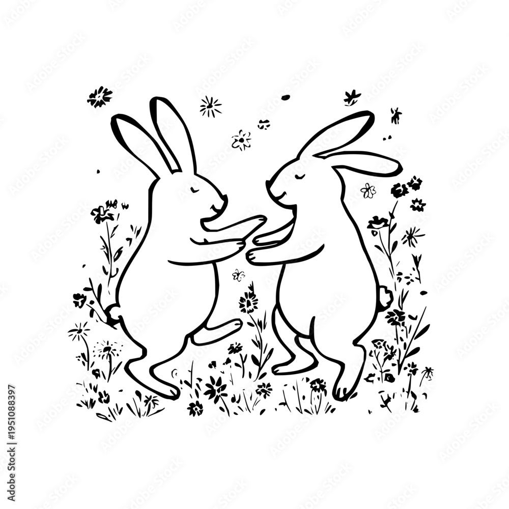 Obraz premium Two rabbits dancing together in a field of flowers and grass black and white illustration