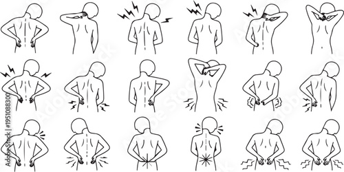 Human body pain icons, back pain, neck pain, joint pain, discomfort, ache, injury, strain, medical, healthcare, distress