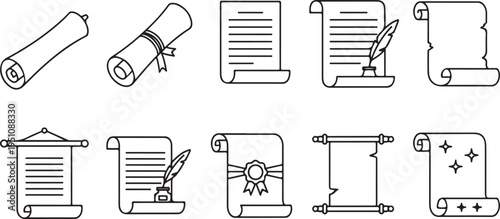 Scrolls and documents icons, paper, parchment, diploma, manuscript, writing, ink, quill, ancient, history, legal, education