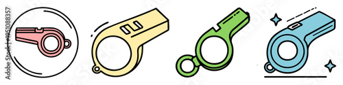 Four colorful whistles are shown in a row on white background