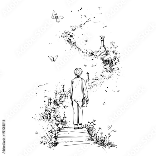 Man standing on path surrounded by dissolving cityscape and butterflies in black and white illustration