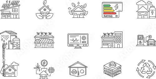 Sustainable home and eco house line icons set with solar panels, rainwater harvesting, energy rating, recycling and green living outline vector collection