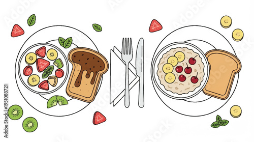 Two plates of fruit and toast with utensils on table setting