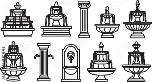 Diverse collection of ornate and classical fountain designs and architectural elements Vector