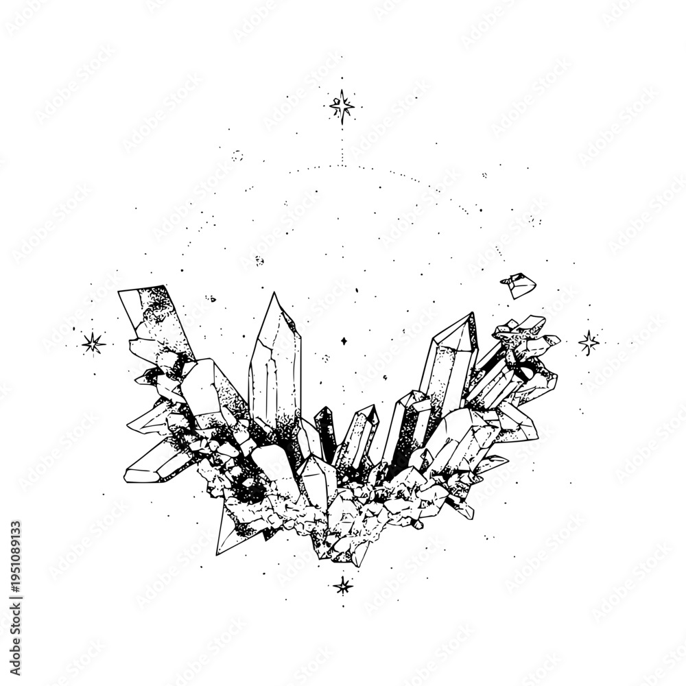 Naklejka premium Mystical crystal cluster illustration with stars and celestial elements on white background detailed line art magical atmosphere
