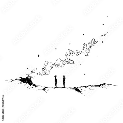 Two silhouetted figures standing together on cracked earth with butterflies and stars rising from the ground in a minimalist black and white illustration