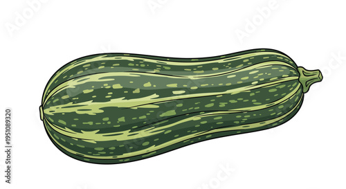 Vibrant striped green squash illustration, depicting its elongated, slightly curved form with intricate lighter green patterns, symbolizing fresh autumn produce and garden bounty.