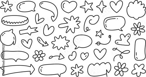 Collection of hand drawn doodle icons including hearts stars speech bubbles and flowers on white background for creative design