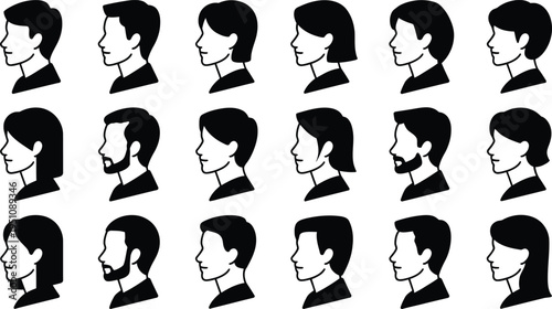 Diverse group of people with different hairstyles and facial hair in profile view on white background for design and demographic representation