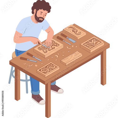 A man carves wood at a table with various tools and wooden pieces.