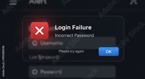 A pop-up notification on a dark interface indicating a login failure due to an incorrect password, prompting the user to try again.