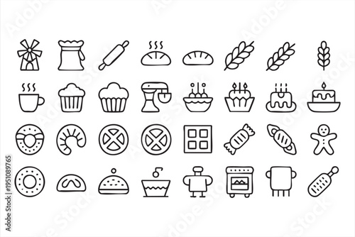 Sweet Bakery Food Outline Icon Set For Pastry Shop And Cafe Menu