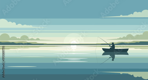 Vector illustration of a man fishing in a boat at sunrise