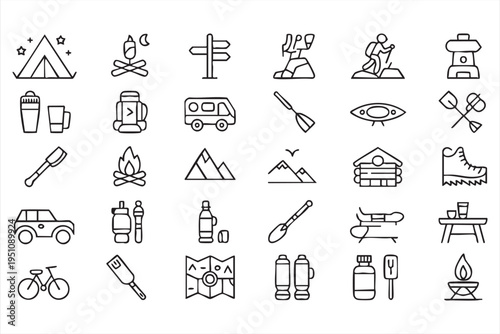 Outdoor Exploration And Hiking Icons Featuring Tent Campfire And Map