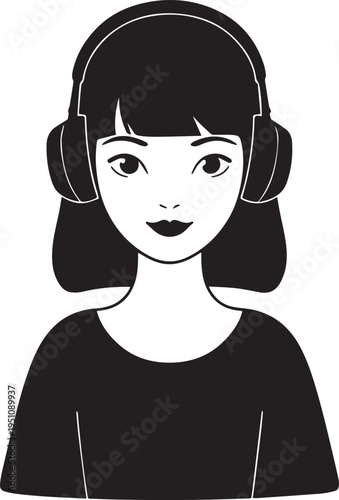 Hand Drawn Girl Wearing Headphones Black and White Avatar Illustration in Minimal Line Art Style Design