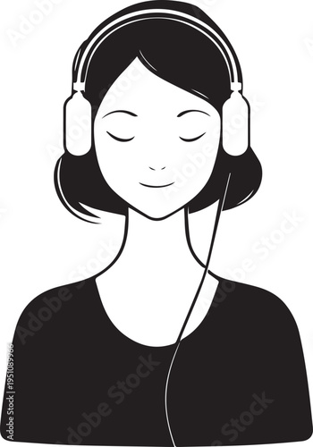 Hand Drawn Girl Wearing Headphones Black and White Avatar Illustration in Minimal Line Art Style Design