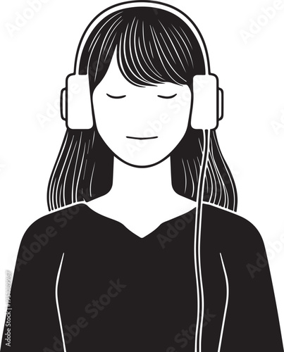 Hand Drawn Girl Wearing Headphones Black and White Avatar Illustration in Minimal Line Art Style Design