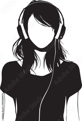 Hand Drawn Girl Wearing Headphones Black and White Avatar Illustration in Minimal Line Art Style Design