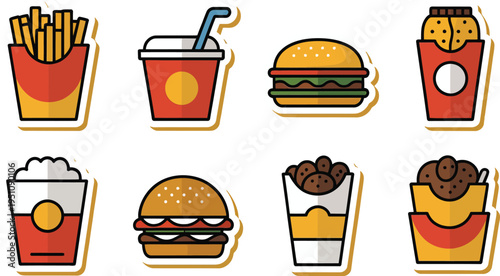 Colorful fast food icons set including fries burgers soda and snacks on white background for restaurant or menu use