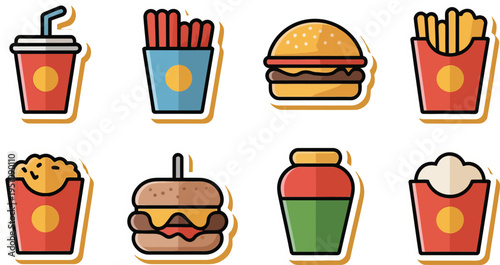Colorful fast food icons set including burgers fries soda and snacks on white background for menu design