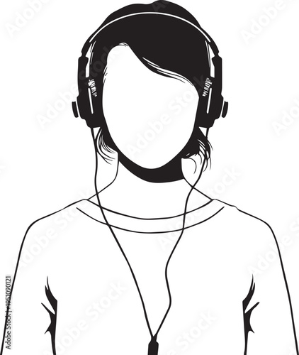 Hand Drawn Girl Wearing Headphones Black and White Avatar Illustration in Minimal Line Art Style Design