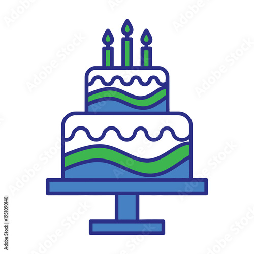 Birthday cake with blue and green stripes and three lit candles on top celebration symbol