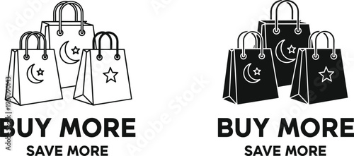 Eid shopping sale illustration, buy more save more concept with shopping bags featuring crescent moon and star, Islamic festival promotion vector design