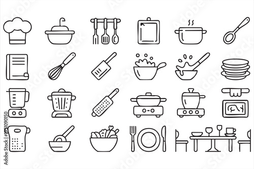Cooking Utensils And Kitchen Appliances Line Icon Collection