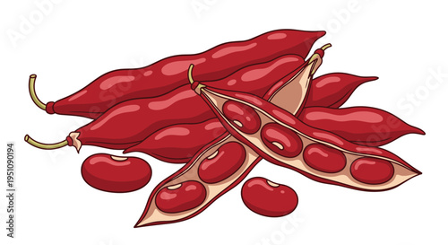 Collection of red bean pods, some opened to reveal the vibrant red beans inside, representing healthy legumes and flavorful ingredients for diverse cuisines.