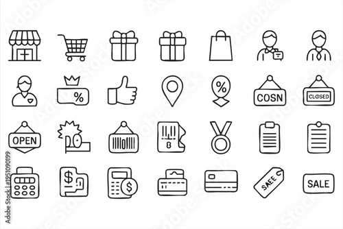 Shopping Cart Storefront And Sale Tag Outline Icon Set For Retail Design